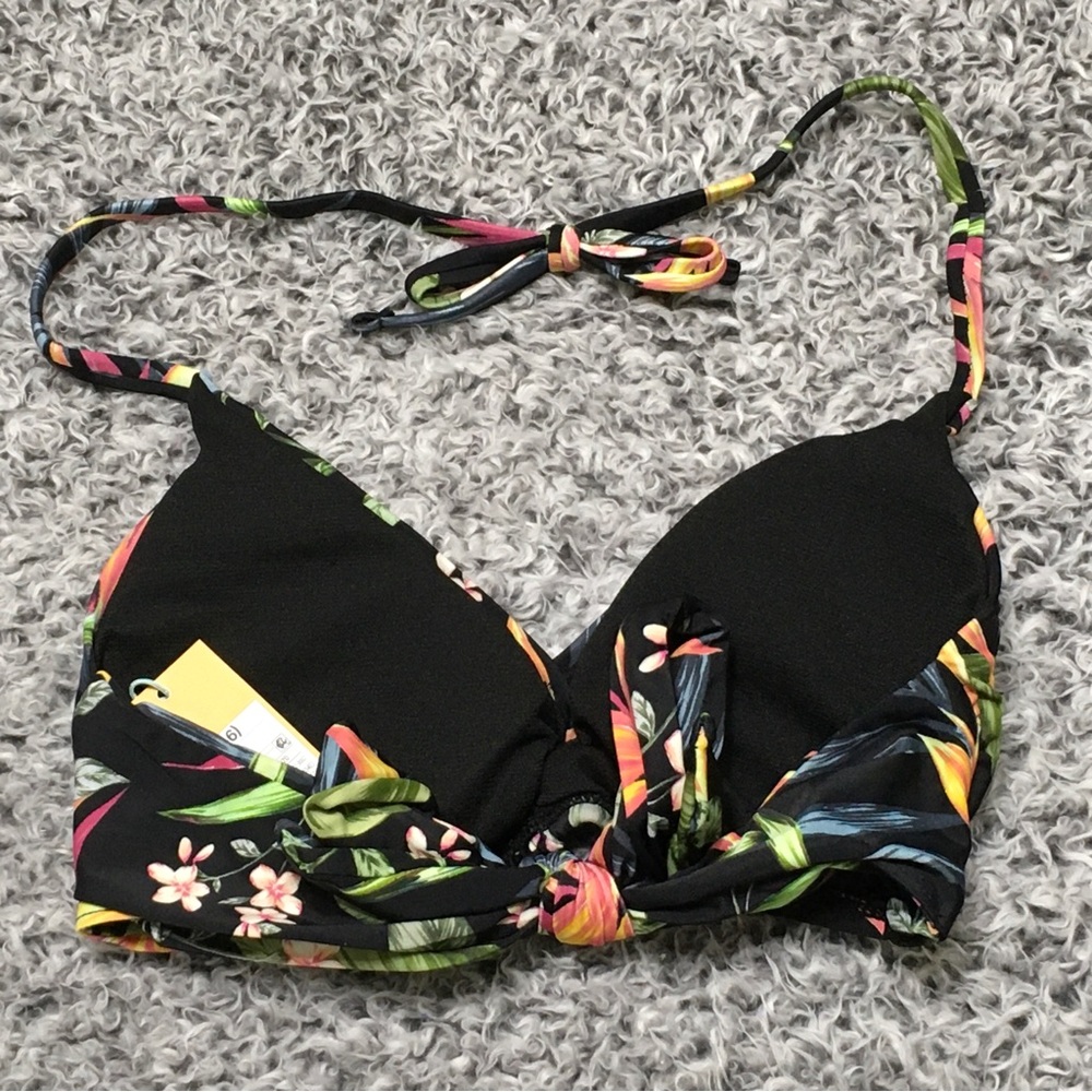 Kona Sol Black Floral S Twist-Front Halter Removable Cups Tie-Back Bikini Top - Picture 3 of 8